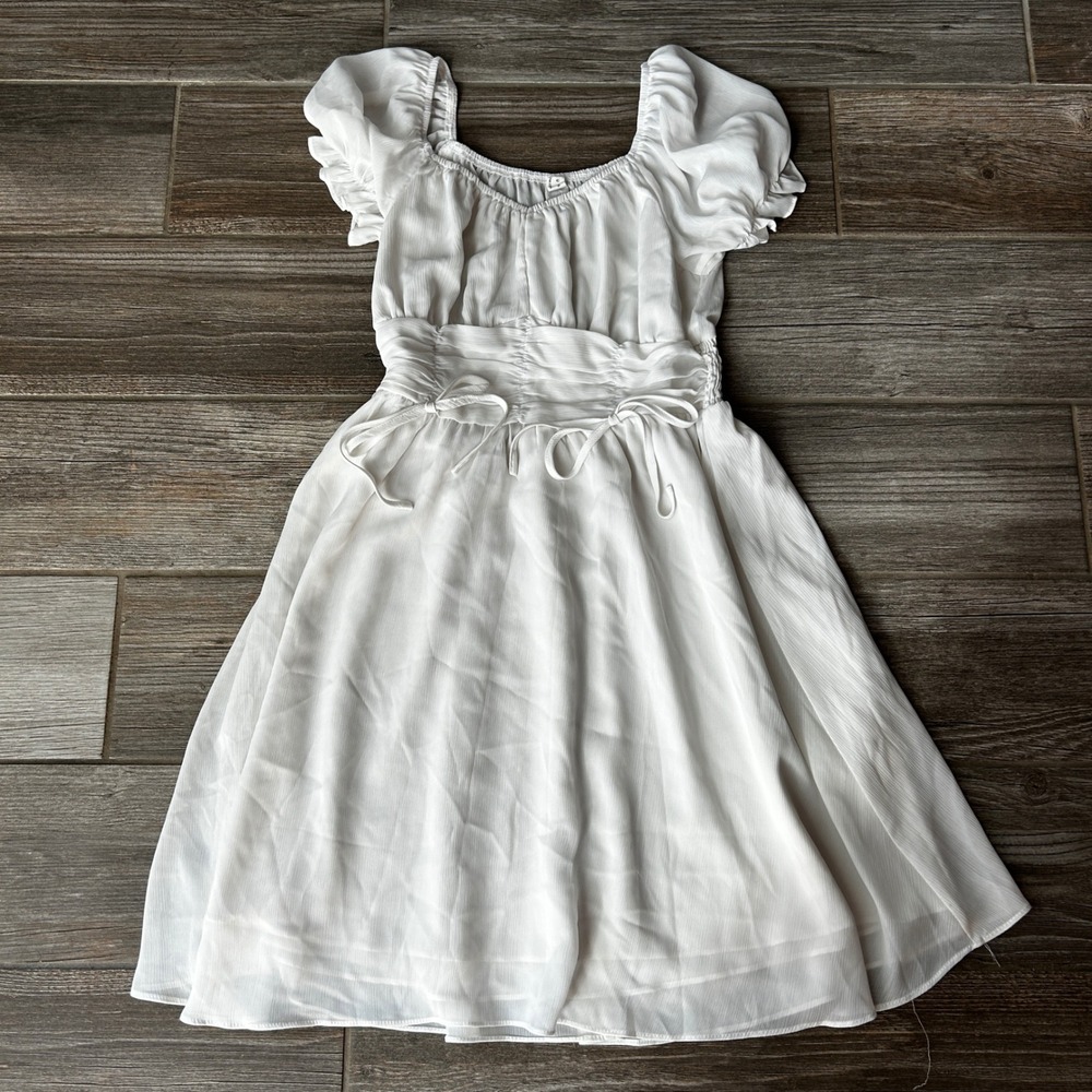 White Mini Dress Short Sleeve Cottagecore Soft‎ Girl Romantic Fairy Dress, Small